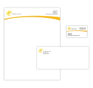 Bright Future letterhead, envelope, and business card 